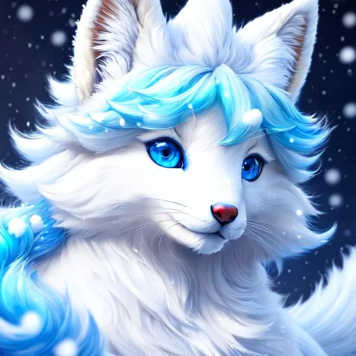 Prompt: 8k, UHD, 3D, masterpiece, best quality, trending on artstation, hyperrealistic, Portrait of a {beautiful Vulpix}, {canine quadruped}, innocent curious deep blue eyes, intricately detailed snow white fur, large blunt blue ears, curious innocent smile, six beautiful wispy tails curled at the tip, fluffy white mane, blue ice fur lighlights, in a winter wonderland, {auroras} fill the night sky, sharp focus, intricately detailed fur, brilliant detailed eyes, beautifully detailed face, beautifully detailed background, perfect composition, sharp focus, unreal engine, intricately detailed mouth and teeth, by Yuino Chirim high resolution scan, intricate facial detail, perfect composition