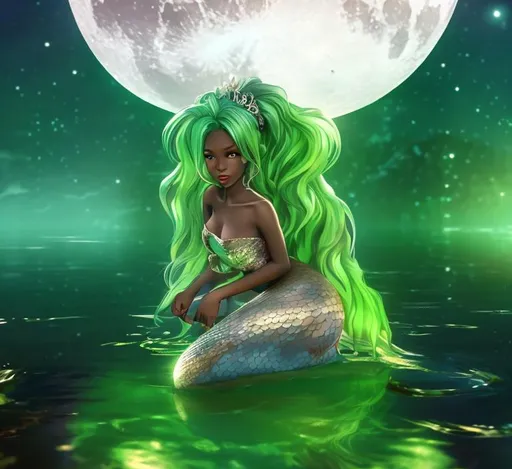 Prompt: Anime, Princess, Lake, Moonlight, Mermaid, Ebony Skin, Busty, 4k, HD. High Quality, Perfect Render, Glowing, Effect.