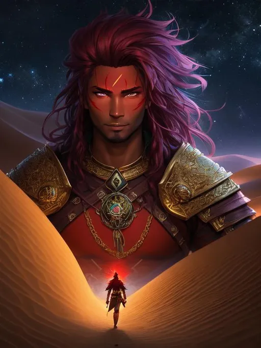 Prompt: Full-body detailed masterpiece, fantasy, high-res, quality upscaled image, perfect composition, head shot, subject of this image is a Genasi man from dungeons and dragons, wizard, red skin, 18k composition, 16k, 2D image, cell shaded, desert dunes night time background, red skin, desert, night, arcane, heroic, hyper quality, detailed face