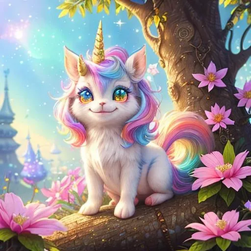 Prompt: Glittering close up cute and adorable colorful Unicorn gremlin widely smiling creature on a tree, filigree, long striped tail, reflective eyes, flowers, rim lighting, lights, extremely fluffy, detailed eyes. magic, surreal, fantasy, digital art, Alice in Wondeland style, wlop, artgerm and james jean, extremely detailed teeth, cute teeth, , kids story book style, muted colors, watercolor style