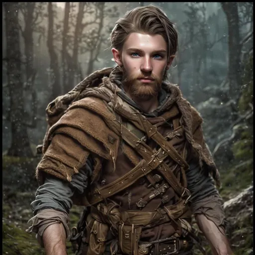 Prompt: Portrait of a 25 year old large rugged tolkien ranger, sandy colored hair, very muscular, hazel eyes, rugged explorer's clothing, beard, forest village background, physically based rendering, highly detailed, professional, Unreal Engine 5