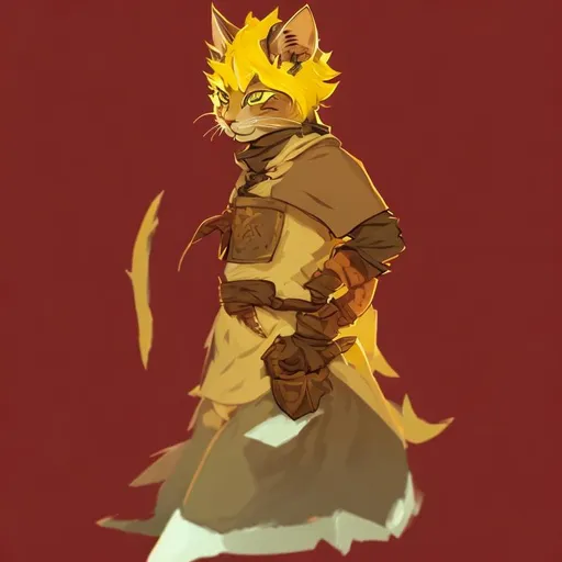 Prompt: Tabaxi :: Cat Ears, Anime, DnD character art portrait, Cool, Stylish, battle stance, unarmed, monk, brown fur, yellow spiky hair