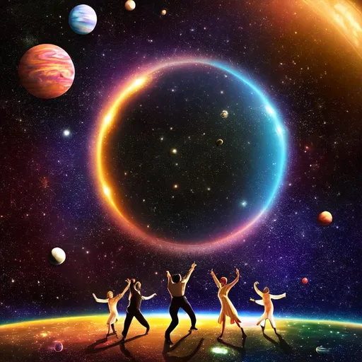 Prompt: People dancing while in space surrounded by planets and stars, HDR