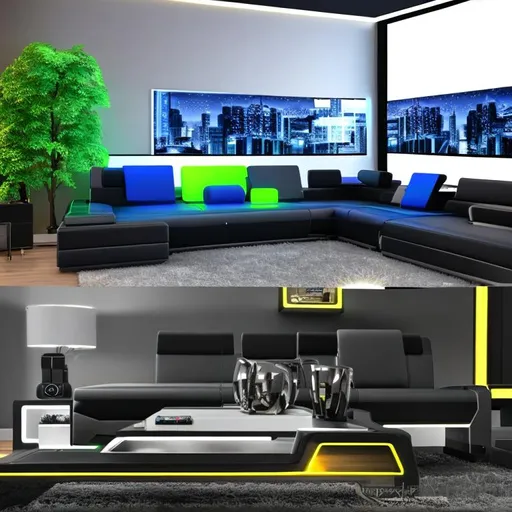 Prompt: a living room with a couch and a coffee table, cyberpunk 2049, trending on mentalray, accent lighting : : peugot onyx, neon blacklight color scheme, cybertronic gadgets, futurama, in 2 0 5 5, photoreal details, pixabay contest winner, japanese villa syd mead