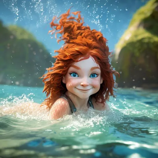 Prompt: red haired D&D halfling girl, enjoying a swim