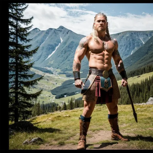 Prompt: landscape, UHD, 8K, highly detailed, panned out view of the character, visible full body, a super muscular blonde Viking with braids and tattoos in a fighting stance, 