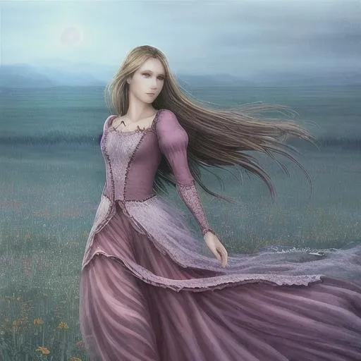 Prompt: A high quality romantic fantasy world with a photorealistic woman with a photorealistic face wearing a dress walking across a wind blown meadow