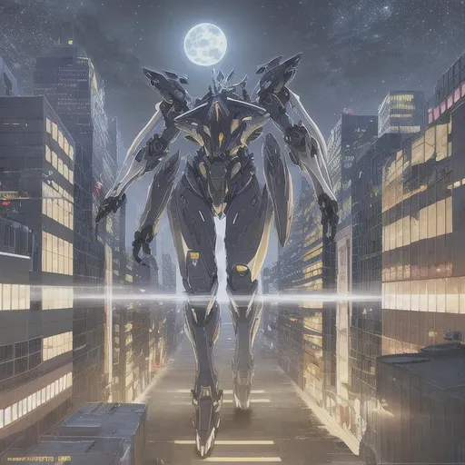 Prompt: large mech,
walking through cityscape,
sci-fi,
wide shot,
looking from above,
horizontal,
UHD,
full moon,
night sky