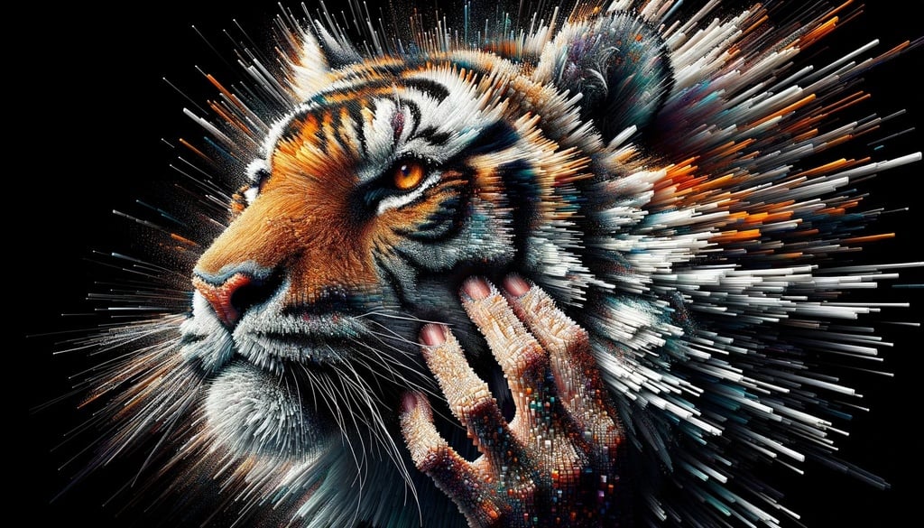 Prompt: digitized tiger, textures & 3d hd wallpaper with hand, in the style of avant-garde futurism, pixelated, tilt shift, mixes realistic and fantastical elements, human connections, explosive wildlife in wide ratio