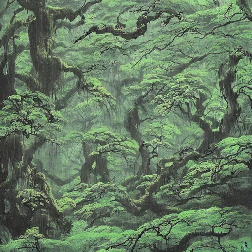 Japanese painting, lush mossy forest | OpenArt