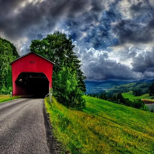 Prompt: long shot scenic professional photograph, backroads, hills, picturesque covered bridge , perfect viewpoint, highly detailed, wide-angle lens, hyper realistic, with dramatic sky, polarizing filter, natural lighting, vivid colors, everything in sharp focus, HDR, UHD, 64K