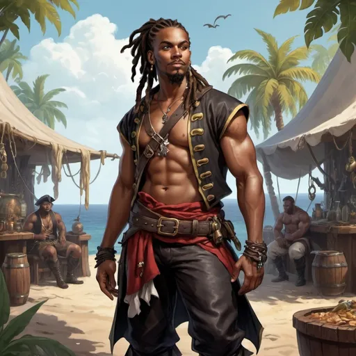 Prompt: Full body, Fantasy illustration of a young black male pirate, strong and beefy, tall, short dreadlocks and beard, relaxed expression, detailed, high quality, rpg-fantasy, pirate camp in background, painting, art