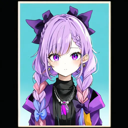Prompt: Portrait of a cute girl with multicolored, braided hair and cyan eyes wearing a black and purple shirt, purple jacket, necklace, and hair bow 