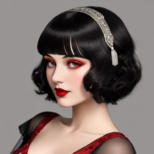 Prompt: 1920's flapper with dark hair, red lips wearing a very beautiful formal gown