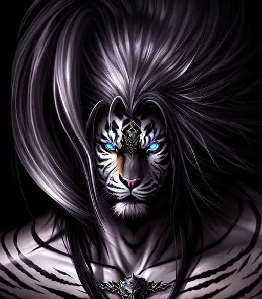 Prompt: Horror, twisted, scary, ominous, cinematic, 3D, HD, freeform dark chaos Beautiful!! {Man}Tiger as Warrior, detailed gorgeous face, Beautiful big reflective eyes, long flowing hair, expansive Jungle background, hyper realistic, 16K --s98500
