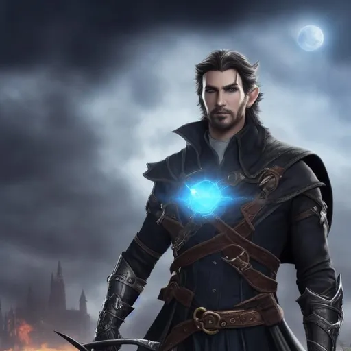 Prompt: Male, Half Elf, Psion, stubble, 40s,  Black Hair, Leather armor with steel accent, bloodborne, grunge texture clothes. Blue eyes