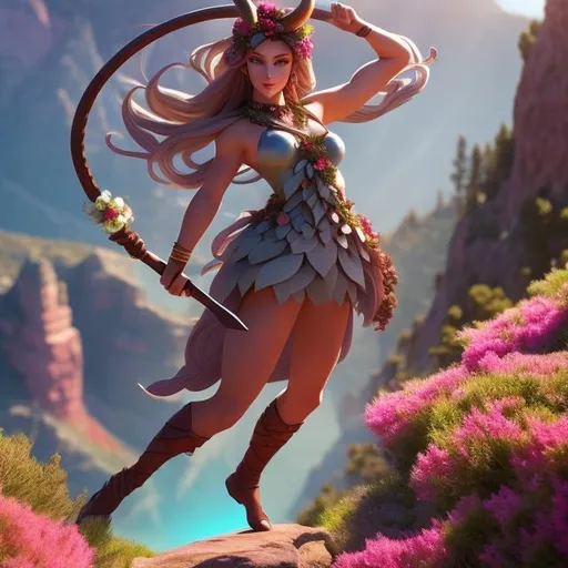 Prompt: a satyr druid, wearing a flower wreath, wielding a spear. dynamic pose, digigrade. Standing on top of a mountain. red rocks, pink pine trees. Perfect Anatomy, Perfect Horns.