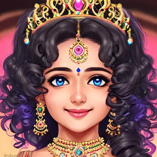 Prompt: Zoomed face, 4K, full hd, crown, smoothy soft skin girl, sky blue eyes, baby pink lips, gorgeous, curly hair, black saree, smiling