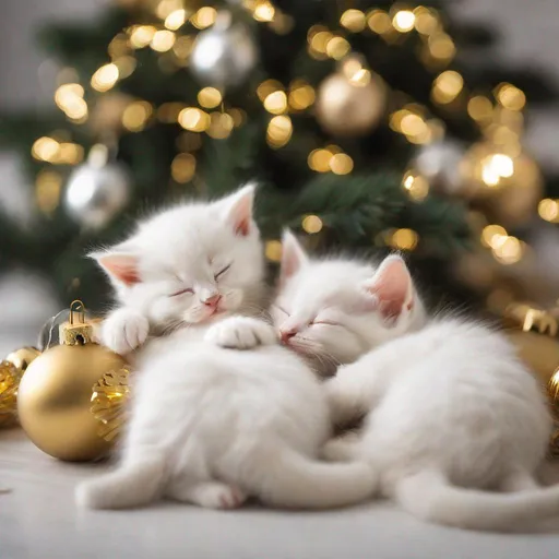 Prompt: white kittens sleeping under a gold christmas tree
