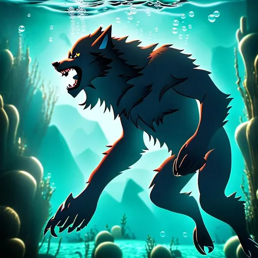 Prompt: Werewolf breathing out bubbles swimming underwater
