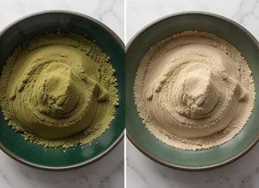 Prompt: 2 different colours of green powder in a bowl