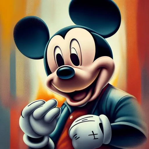 Prompt: In this AI-generated artwork, Mickey Mouse stands as a figure of unexpected intrigue. With an angry scowl etched onto his usually cheerful face, Mickey grips a baseball bat firmly in his gloved hand, ready for action. A curl of cigar smoke swirls around him, adding an air of mystery and sophistication.

Mickey's iconic ears are adorned with a smoking, giving him an edgy flair. A glint of gold catches the eye as he reveals a gleaming golden tooth in a mischievous grin. His eyes flash with determination and intensity, a stark departure from his usual jovial demeanor.

The backdrop is a blend of dark, moody hues, setting the tone for this enigmatic portrayal of Mickey Mouse. The lighting casts dramatic shadows, highlighting the contours of his fur and creating a captivating play of light and shadow.

The artwork captures a moment of unexpected transformation, reimagining the beloved character in a new light. With every stroke of the brush or pixel of digital creation, the essence of Mickey Mouse as a complex and multifaceted character comes to life.