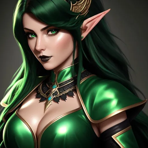 Prompt: A hyper realistic detailed character poster ((full body)) image of a half-elf masked ((sexy woman)),  with ((sexy clothes)) with ((dark green hair)) a gothic dress, jewelry set, balayage wild hair, highly detailed, digital painting, Trending on artstation, HD quality, ((by Prywinko)), ((very huge breast)), ((sexy)), high heels