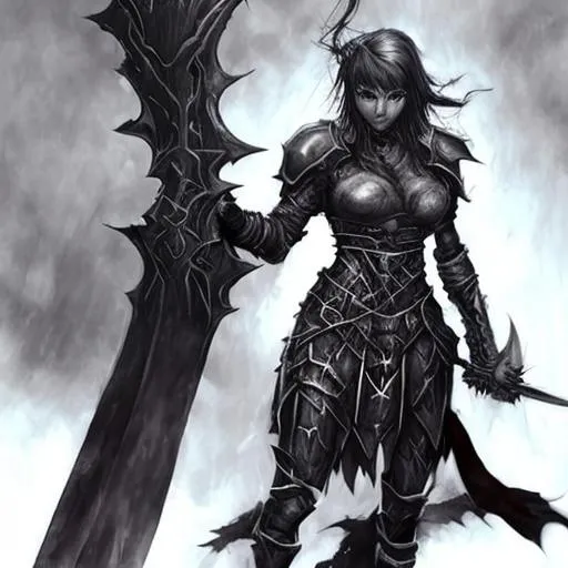 Prompt: warrior girl with black armour anf giant black sword very powerful