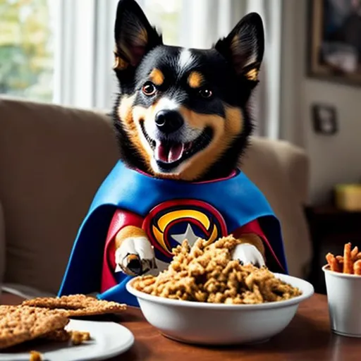 Prompt: a dog dressed in a superhero uniform and eating its food