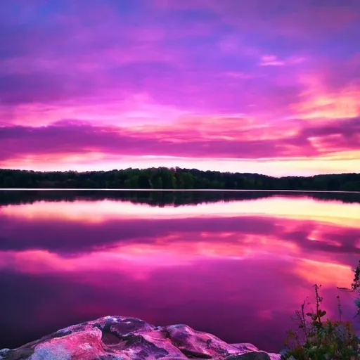 Prompt: Beautiful sunset with pink and purple accents over a beautiful lake
