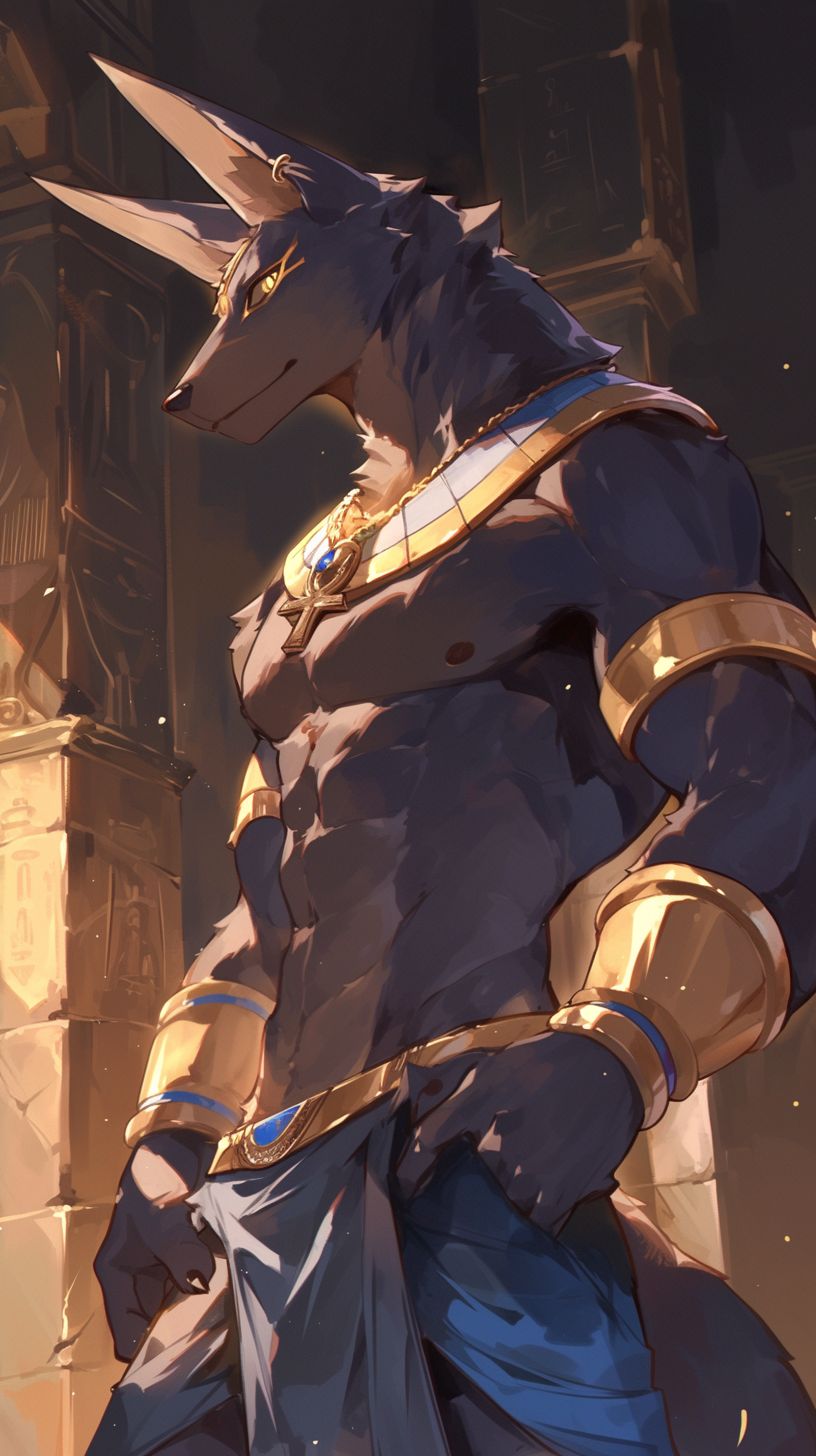 Prompt: anime, cartoon, furry, youthful, flirty, a slender fully black jackal, the god Anubis, golden eyeliner, bright golden eyes, anthropomorphic, detailed fuzzy fur, Egyptian Jewelry, blue and gold arm bracers, golden loin cloth, in a dark temple being lit up by torches, long/tall gold pointed ears, long lean majestic pointed black (Borzoi) muzzle --ar 9:16 --niji 6