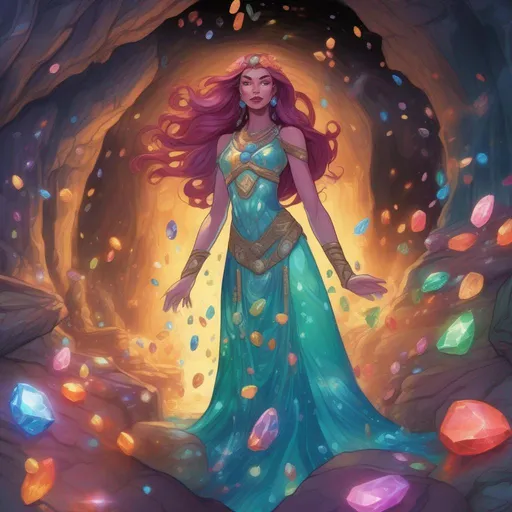 Prompt: A colourful and beautiful Persephone, in a beautiful flowing dress made of gems and flowers, with iridescent hair, with glowing and iridescent tribal markings on her skin, in a cave filled with glowing gems. In a Disney and Marvel Comics painted style.