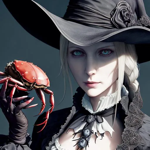 Prompt: UHD, 8k, detailed, gothic, portrait, Bloodborne's Lady Maria under 1 pale moon, holding a crab. super detailed realistic face. 