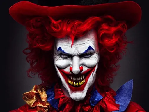 Prompt: jester, clown, joker, mad hatter, red hat, pointy sharp long teeth, red clown nose, perfect composition, hyperrealistic, super detailed, 8k, high quality, trending art, sharp focus, studio photo, intricate details, highly detailed, by greg rutkowski octane render nightmare