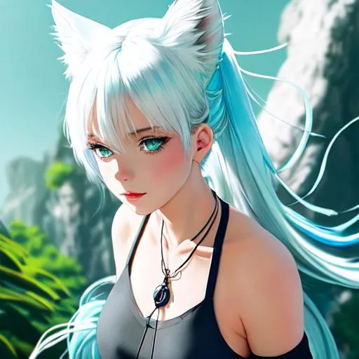 girl with white cat ears, white hair pulled up, ligh