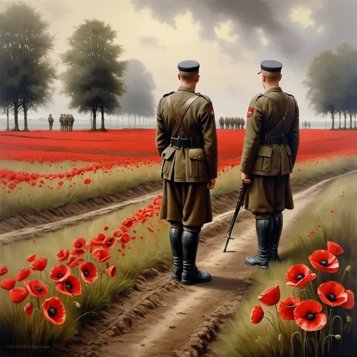 Prompt: War graves in Belgium and Holland, soldiers paying respects, fields of red poppies, somber atmosphere, realistic oil painting, high detail, respectful tribute, solemn moment, historical homage, traditional art style, muted earth tones, soft natural lighting