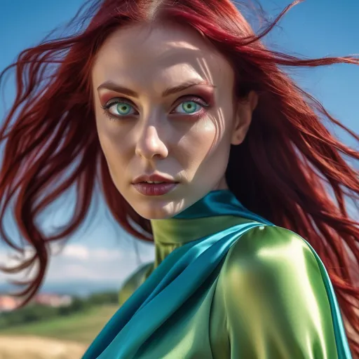 Prompt: alien woman, with dark big eyes, (vibrant light green skin), flowing dark red hair, large dark expressive eyes,silk dress, standing confidently, piata unirii cluj napoca, bright blue skies, sunlit surroundings, (ultra-detailed), sharp focus, (4K UHD image), dynamic movement, energetic atmosphere, breathtaking landscape, inspiring elegance.