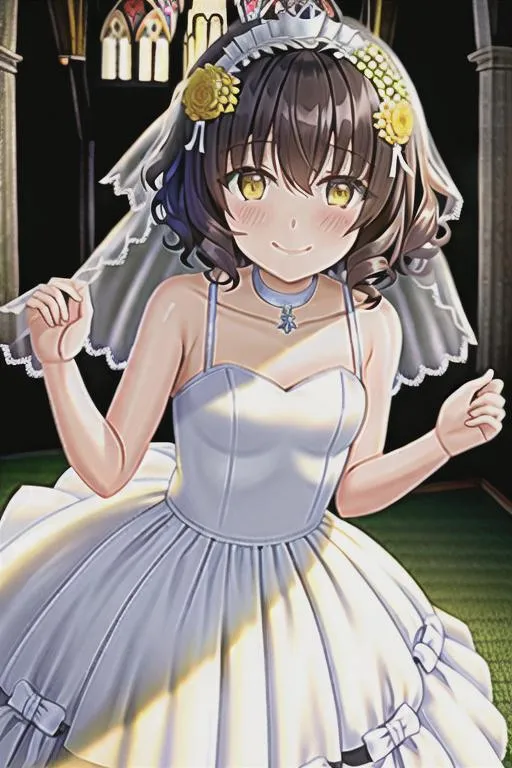 Prompt: Beautiful manly girl, Curly Short Brown hair With yellow Eyes | wedding dress | small Body, church, Happy face