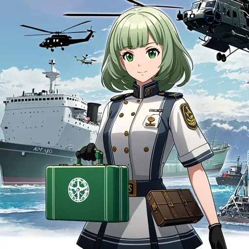 Prompt: a woman in a uniform holding a green suitcase in front of a ship and helicopter in the background with a helicopter in the sky, Ay-O, sots art, official art, a character portrait