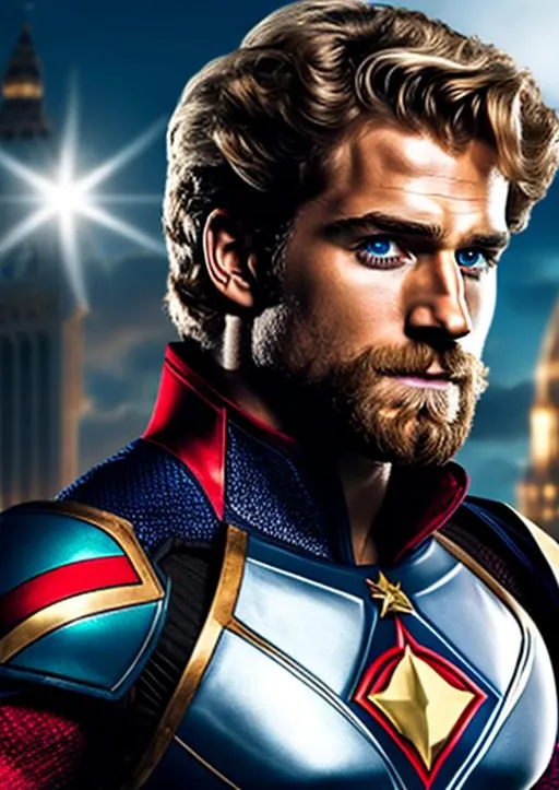 Prompt: High-resolution hyperrealistic photo of {captain britain} merged with [captain mar-vell], played by blond and bearded henry cavill, mullet haircut, blue and {silver} and red costume, uhd, hdr, 64k