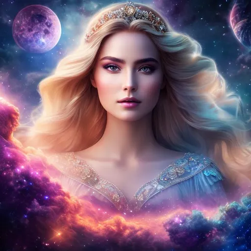 Prompt: create a photograph of beautiful fictional female princes, extremely, wide angle, detailed environment, detailed background,planets an nebulae in sky highly detailed, intricate, detailed skin, natural colours , professionally colour graded, photorealism, 8k, moody lighting