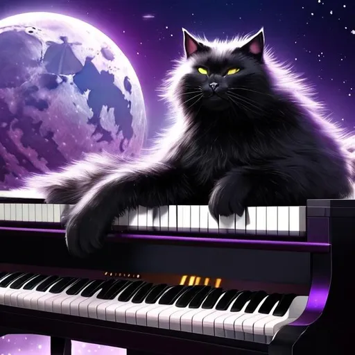 Prompt: A beautiful black cat with a thick fur coat, and purple eyes, on the moon sitting on a piano bench why playing a song on the piano