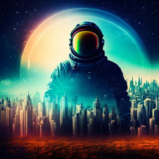 Prompt: Double exposure photography, composed of two combined and overlaid images, character portrait colorful astronaut in the style of Stanley kubrick,tree skyline, city scape, profile, transparent, layered, close-up, side-view, intricate detail, fine art, stunning, high contrast, silhouette, blend, beautiful lighting, cool colorful, paintography, photorealistic