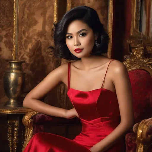 Prompt: RAW photo, pretty young Indonesian woman, 25 year old, (round face, high cheekbones, almond-shaped brown eyes, epicanthic fold, small delicate nose, luscious lips, short bob black hair, light tan skin), red silk bustier style dress, perfect hourglass figure, looking directly at camera, background plush vintage interior, elegant, masterpiece, intricate detail, photorealism, 16K"