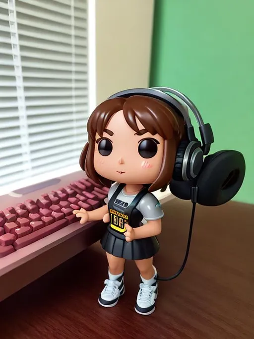 Prompt: cute funko pop female figure with medium length brown hair, brown eyes, holding a keyboard and wearing a headset