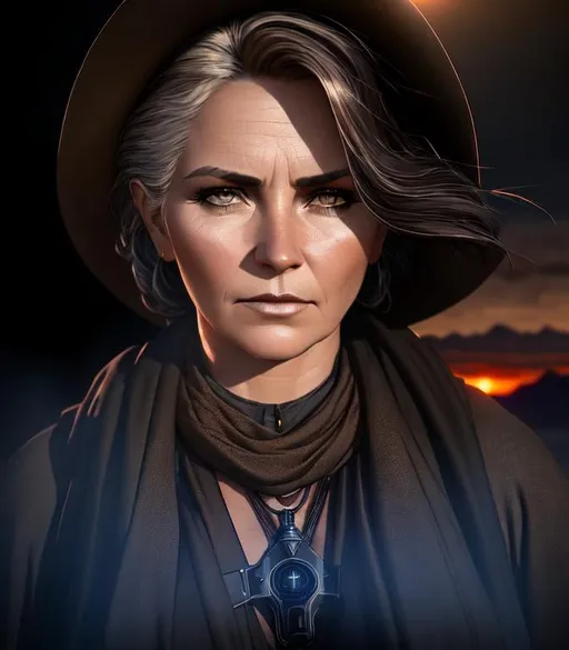 Prompt: Brooding, tense, foreboding 3D HD dramatic cinematic lighting [({one}Female as a dusty beautiful {Old-West}Gunfighter)], expansive Arizona desert background, sunset hyper realistic, 8K --s98500