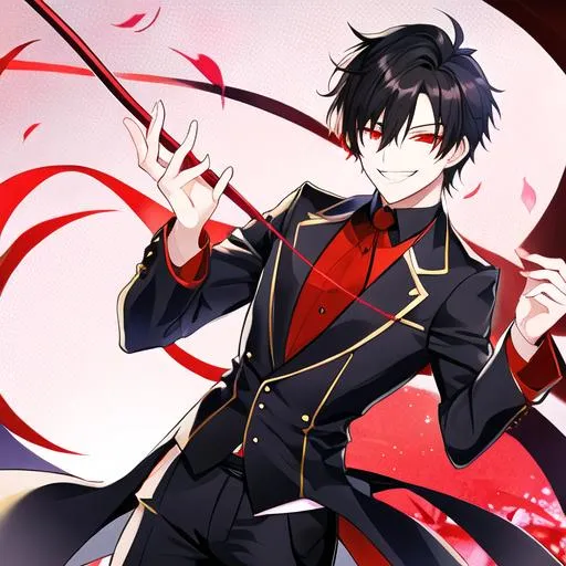 Prompt: Damien (male, short black hair, red eyes) grinning seductively, holding a whip