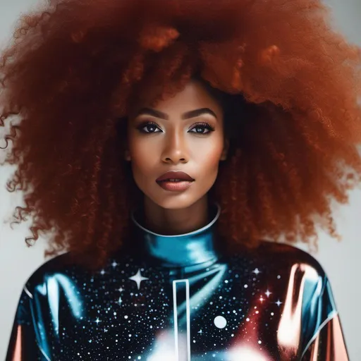 Prompt: a woman wearing outer space as a dress, afro red hair
