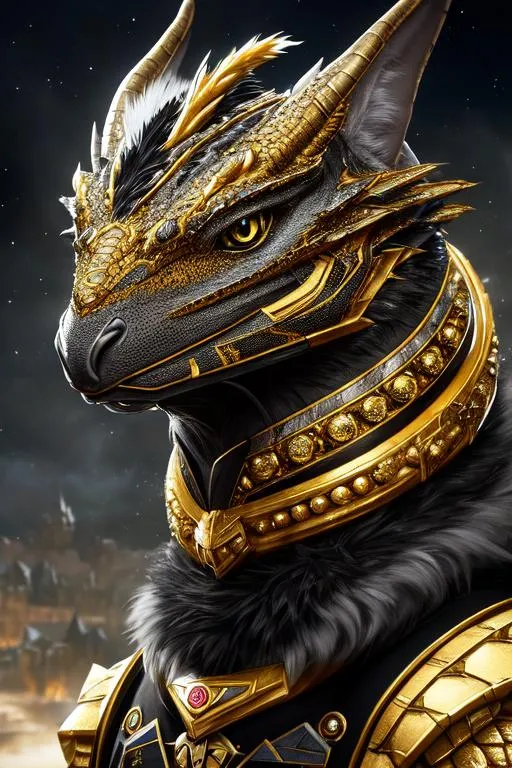 Prompt: Portrait of an wyvern with striking galactic fur and black and gold markings and a cute face, castle background, perfect composition, hyperrealistic, super detailed, 8k, high quality, trending art, trending on artstation, sharp focus, studio photo, intricate details, highly detailed, by greg rutkowski