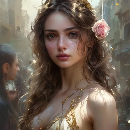 Prompt: super clear resolution, polished finish, muted colors, realistic woman, beautiful stunning delicate face, white fancy dress with gold details , light rose silky wavy hair, fair smooth skin art by andrew atroshenko, pino daeni, artgerm, {breast}, Charlie bowater, wlop, silver intricate details, beautifully lit, highly detailed fantasy art, photorealistic, extreme depth of field, stunning imagery